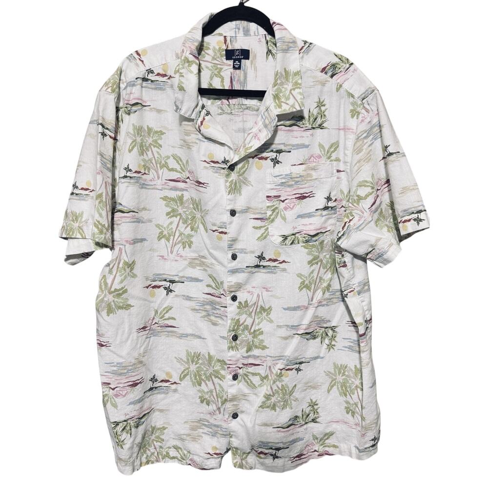 George Hawaiian Shirt Mens 3XL Tropical Button Up Linen Cotton Blend Beach